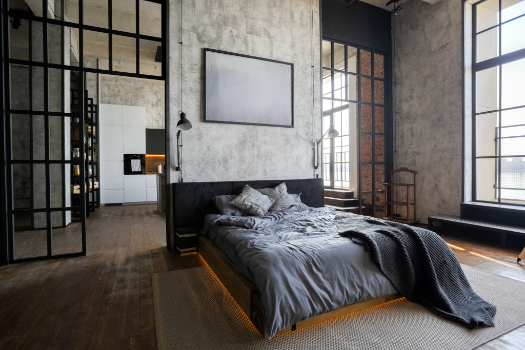 An industrial style bedroom