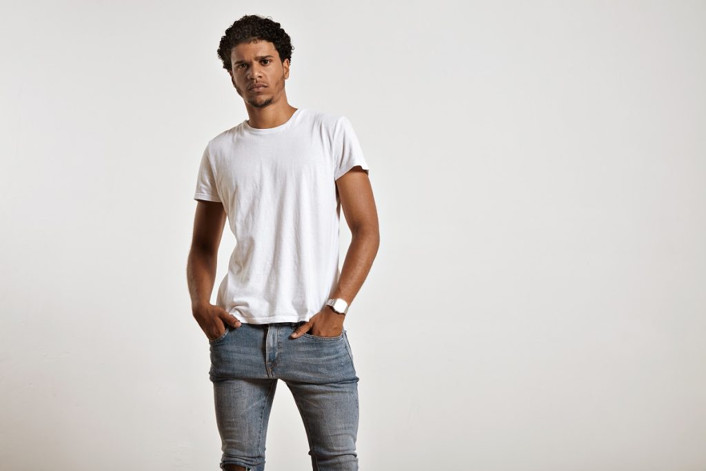 male model wearing white shirt