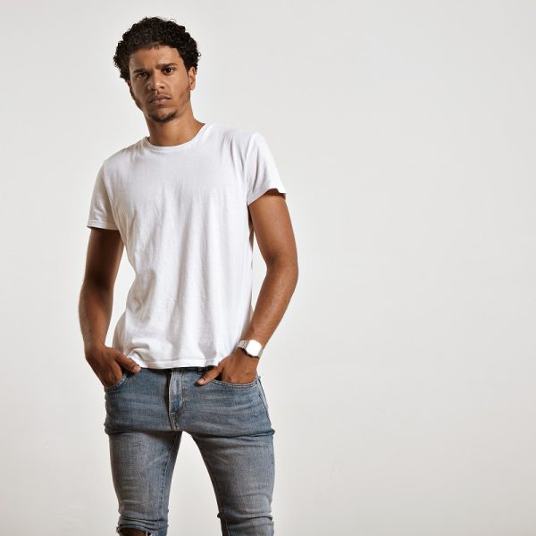 male model wearing white shirt